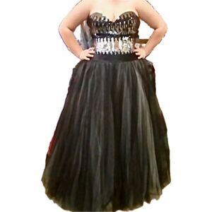 Joli Formal Dress Sz 20 Strapless Black Sequin Corset Tulle Ball Gown Prom